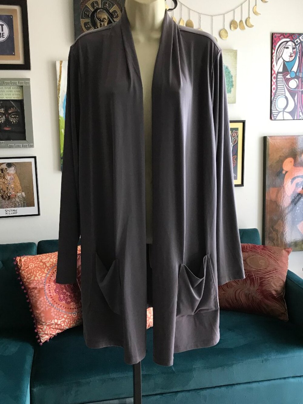 SUSAN GRAVER size XL Gray Stretch Liquid Knit Draping Open Cardigan Jacket